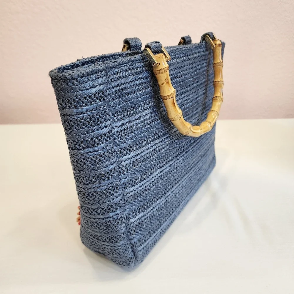 Haute Hippie Women's Straw Raffia Bag Purse With Gold Tone Chain Retro Ladylike